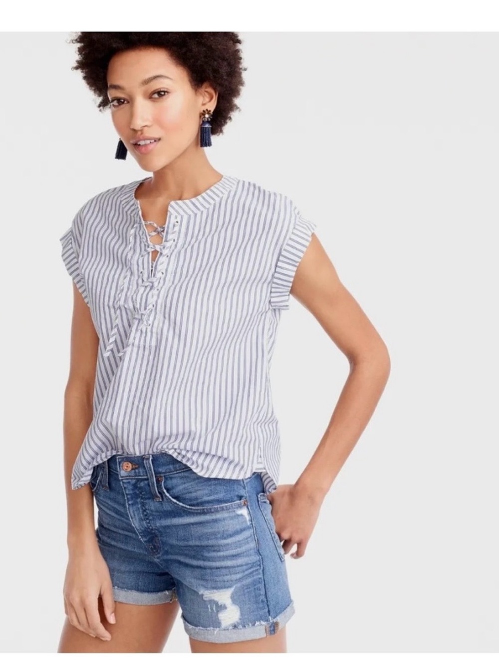 J Crew Striped Lace-Up Cap Sleeve Top in Blue and White